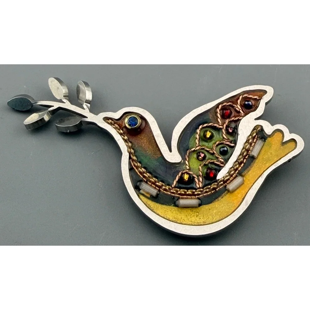Vintage Brooch Dove of Peace Seeká IS-ART Stainless Steel Resin Crystal 2003